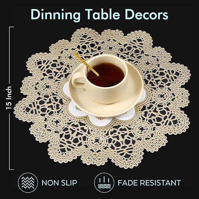 FAVE 6PCS Golden Snowflakes Placemats Set of 6 for Dining Table Durable Gold Table Mats Reusable Metallic Shiny Gold Placemats（Golden Snowflakes）