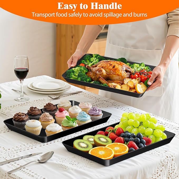 10-Pack Serving Tray Set, Reusable Plastic Serving Platter for Party Supplies, Entertaining, Grilling Accessories, Stackable Kitchen Snack Container for Dessert, Fruit, Cookie, (Black)