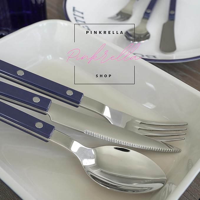 6-Piece Stainless Steel Flatware Silverware Cutlery Set - Color Handle with Rivet/Retro Style - Includes Dinner Knife; Dinner Fork; Salad Fork; Soup Spoon; Teaspoon; Spreader (NAVY)