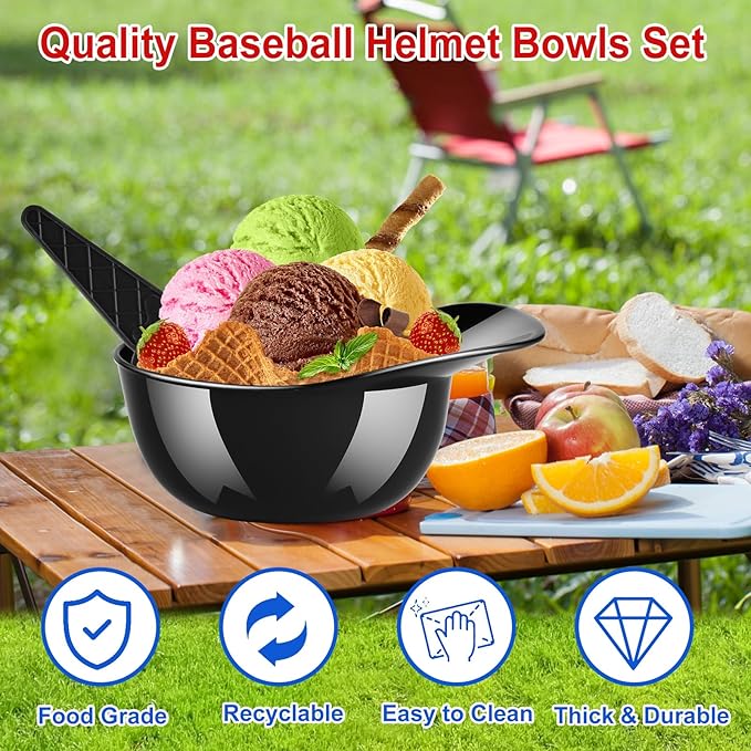 MEEZY 16 Set Baseball Helmet Ice Cream Bowls with 8 Mini Dessert Cups and 8 Spoons, 8oz Reusable Baseball Cap Snack Dessert Cup Bowls Baseball Party Favors for Kids Sports Birthday Party Supplies