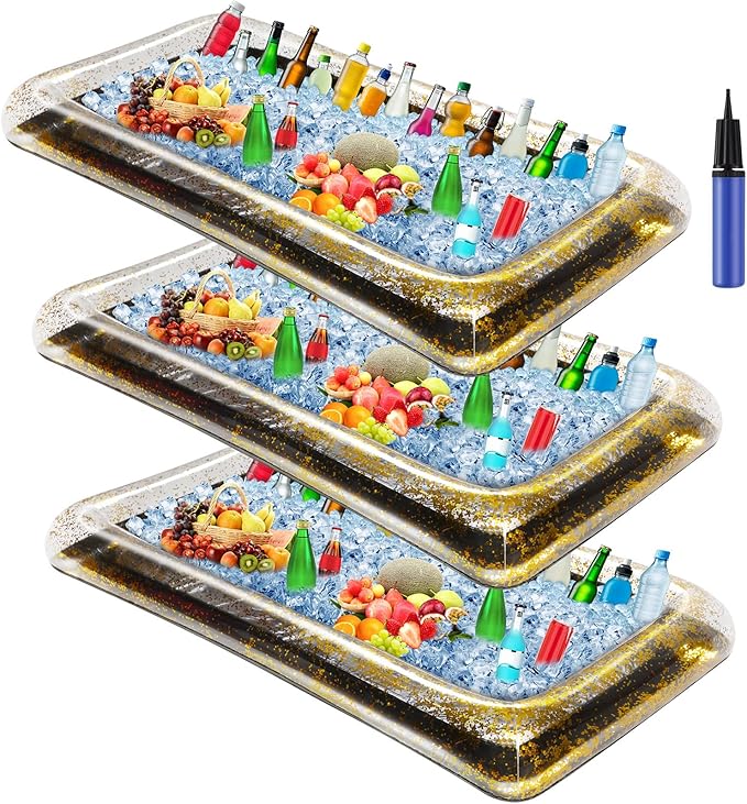 3 Pcs Inflatable Serving Bar Salad Ice Tray Food Drink Candy Buffet Containers Picnic Pool Inflatable Cooler with a Drain Plug and a Hand Pump, 53 x 23.6 x 4.7 Inch(Black)