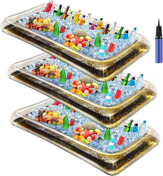 3 Pcs Inflatable Serving Bar Salad Ice Tray Food Drink Candy Buffet Containers Picnic Pool Inflatable Cooler with a Drain Plug and a Hand Pump, 53 x 23.6 x 4.7 Inch(Black)