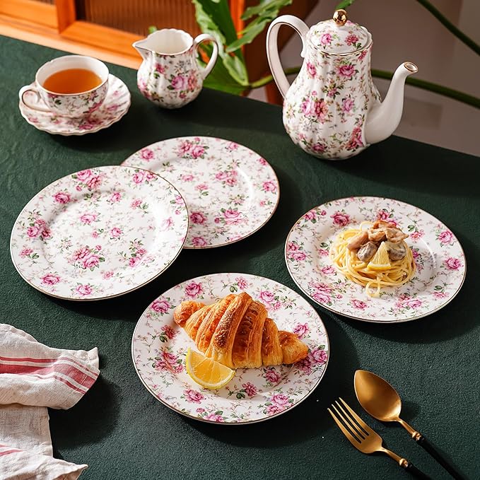 Porcelain Floral Plates, 8 inch, Set of 4,Small Plate, Small Appetizer Plates,Round dessert plate for breads, desserts, snacks, salads (White with flowers)