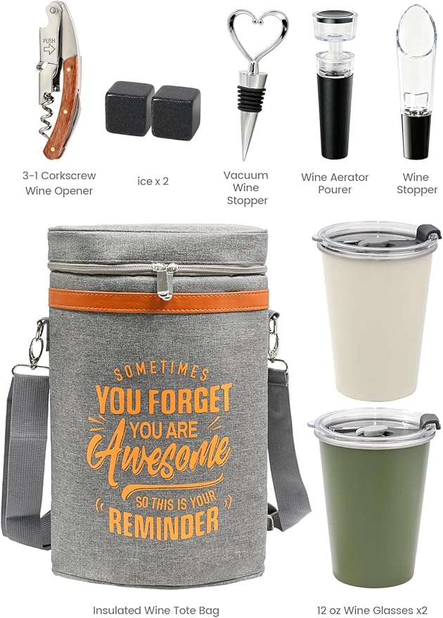 2 Bottle Wine Tote Bag Gift Set with Wine Tumblers, Insulated Cooler Carrier for Travel Picnic Camping, Gifts for Women Mom Sister Wine Lovers Housewarming Birthday Christmas