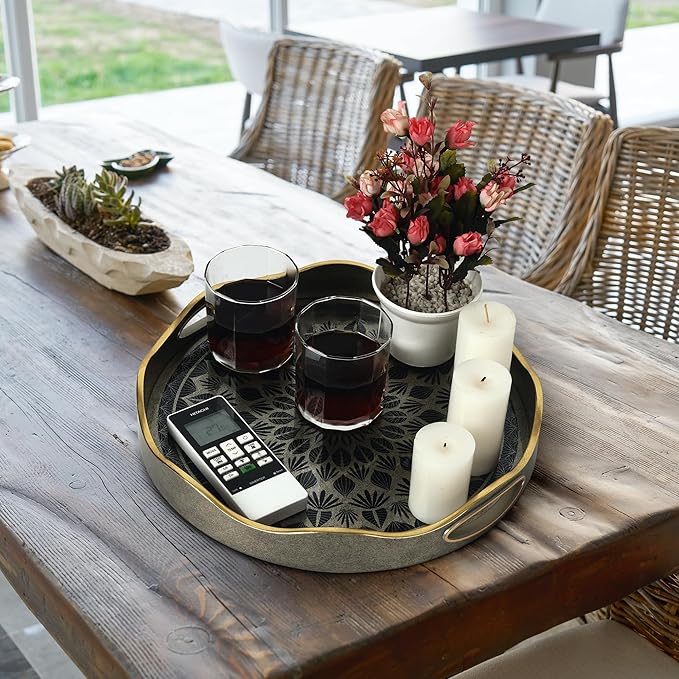 SINT Serving Tray with Antique Look & Stylish Design, Decorative Trays with Handles for Kitchen, Round Ottoman Tray for Dinning | Living Room & Home Décor | Pack of 2