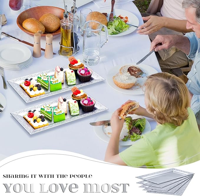 Maxcheck 24 Pcs Plastic Serving Tray Platter Set 14 x 7.5 Inches Lace Rim Serving Trays for Food Dessert Fruit Cupcake Weddings Table Parties Display(Sliver)