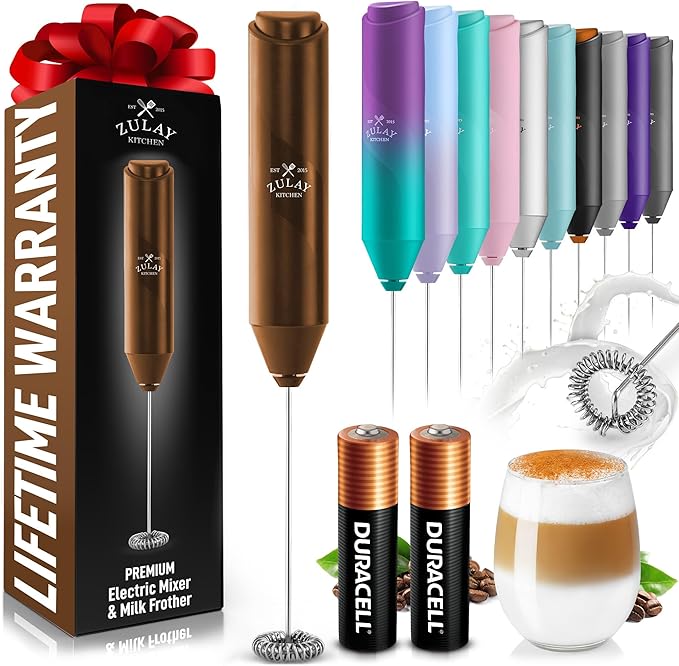 Zulay Kitchen Powerful Milk Frother Handheld with 2 Duracell AA Batteries – Ultra Fast Frother Wand Electric Drink Mixer for Coffee, Lattes, Cappuccinos, Matcha & Hot Chocolate – Portable Foam Maker