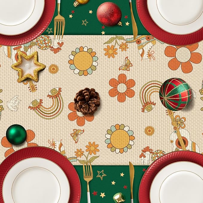 Retro Flowers Table Runner Seasonal Holiday Kitchen Dining Linen Table Decoration for Indoor Outdoor Home Party Decor 13 x 72 Inch