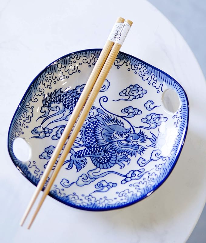 Ebros Blue White Ming Nine Dragons Dragon King Appetizer Snack Serving Coupe Plate Dish With Chopsticks And Built In Rest Set Small Flat Bowl For Hors D'oeuvres Sushi Ice Cream Serveware Plates