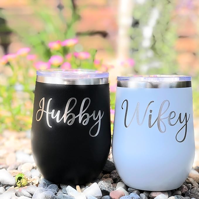 Wifey & Hubby 12 oz. Insulated Wine Glasses Set - Modern Engraved Wedding Gift Drinking Tumblers Couples Gifts Black/White, Wine Glass Set and Wedding Essentials
