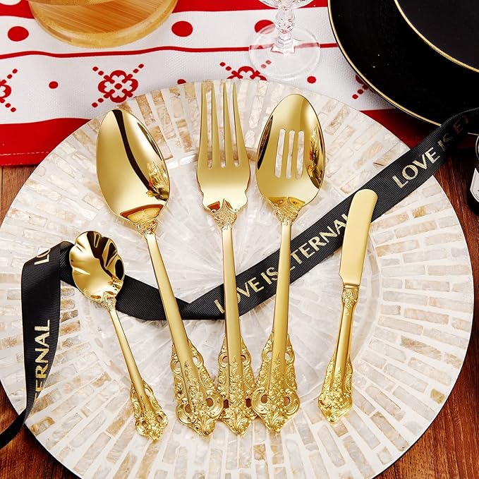 KEAWELL Luxury 65-Piece Flatware Set, 18/10 Stainless Steel Tableware, Service for 12, Antique Baroque Gold-Plated Silverware Set (Gold)