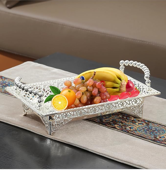 Rectangle Metal Fruit Tray, Vintage Serving Tray with Handle,Party Decorative Food Dessert Storage Plate for Kitchen Countertop Party Wedding,Sliver