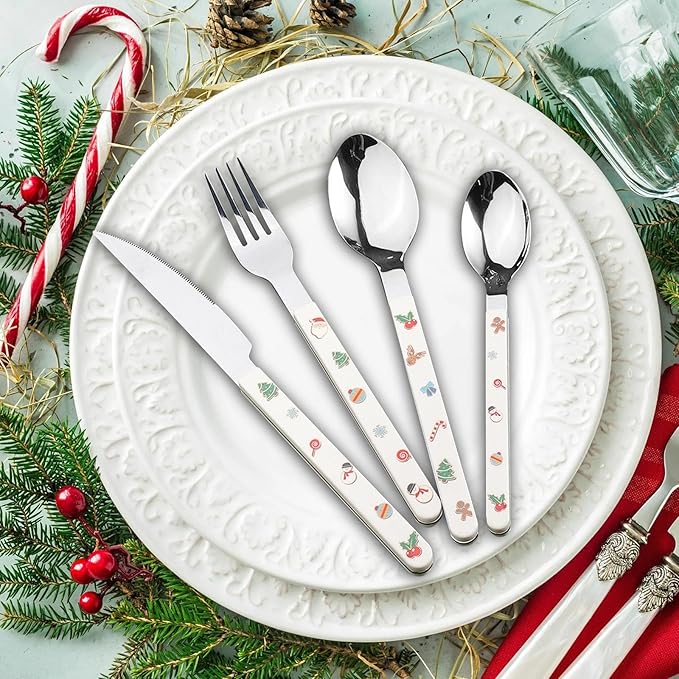 Christmas Flatware Kitchen Utensil Reusable Food Serving Utensils Stainless Steel Flatware Xmas Cutlery for Kitchen Christmas, Fork Knife Spoon Set