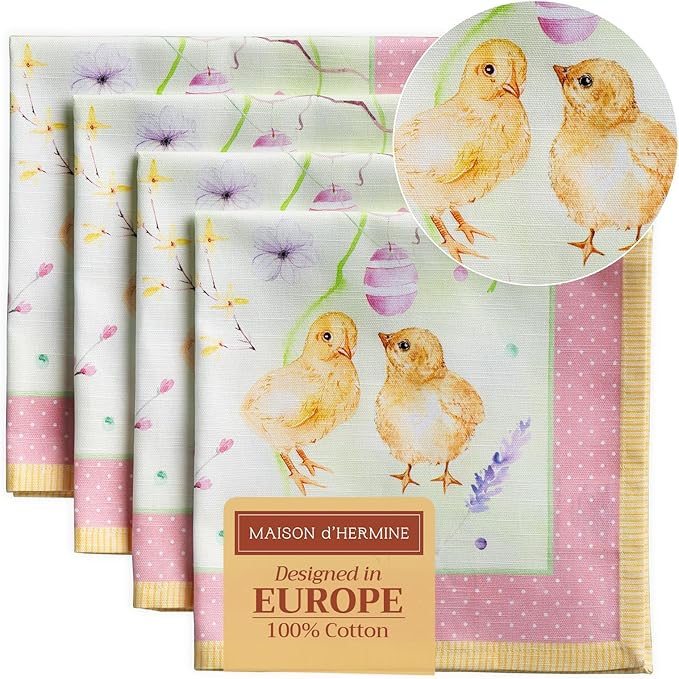 Maison d' Hermine Cloth Napkins Set of 4 100% Cotton Everyday Reusable Square Napkins Cloth Washable, Dinner, Party, Wedding, Restaurant, Spring/Summer (Easter Zest, 20" x 20")