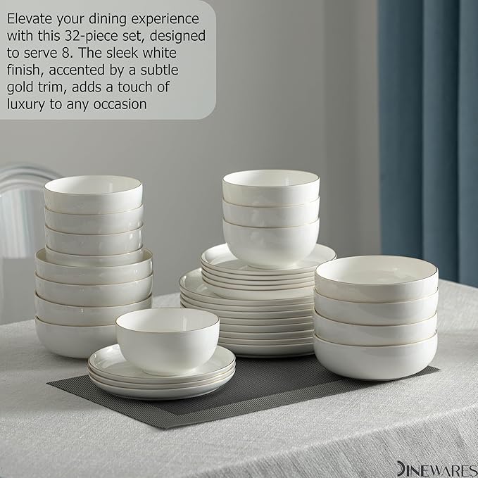 Perlaceo Luxurious Collection of 24-Piece White with Gold Rim Bone China Dinnerware Set - Lightweight and Durable - Service for 8, Including Dinner Plates, Salad Plates, and Cereal or Soup Bowls