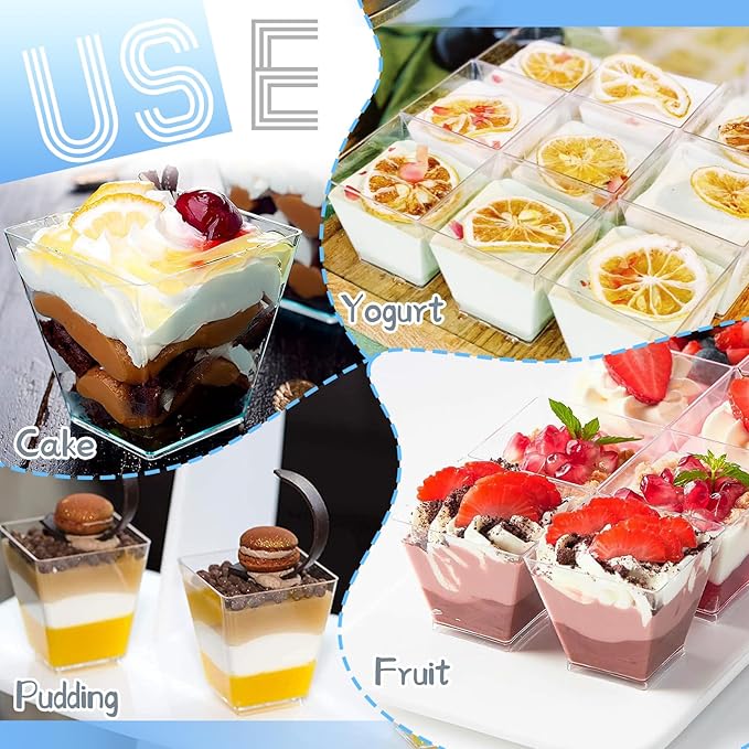 100 Pack 3.5 Oz Square Dessert Cups,Small Clear Square Plastic Tasting Cups,Disposable Square Clear Plastic Dessert Cups for Ice Cream,Candy,Salad,Jello,Appetizers,Mousse
