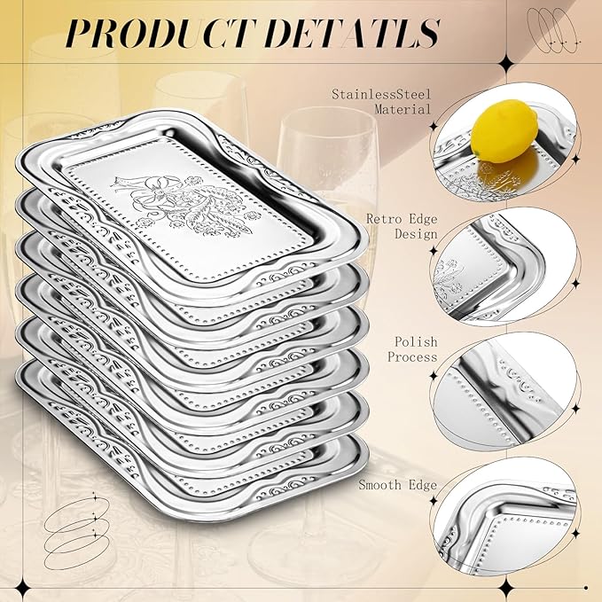 LemonRoad 6 Pack Silver Serving Trays 13.8 x 8.7 Inch Stainless Steel Dinner Trays Engraved Mirror Decorative Tray Silver Platters for Whiskey Charcuterie Snacks Desserts Fruits