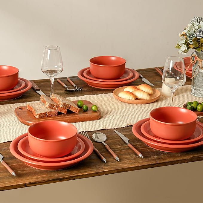 Plates and Bowls Sets, 6 Piece Ceramic Stoneware Dinnerware Set for Family and Gatherings, Dishes Set for 2, Dishwasher & Microwave Safe, Handcrafted Dishware Sets, Terracotta Red