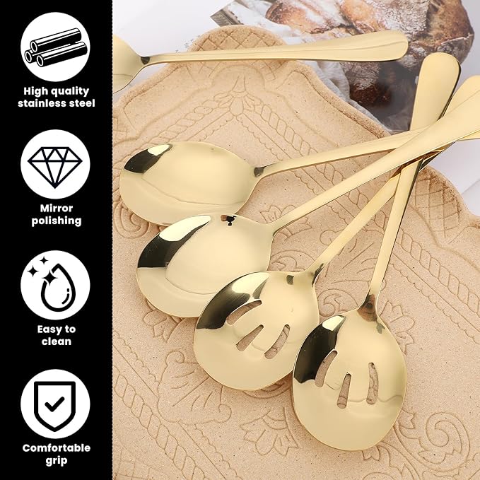 6 Pcs Gold Serving Utensils Set, 8.7 Inch Stainless Steel Gold Serving Spoons, Includes 3 Spoon and 3 Slotted Spoon, Buffet Banquet Large Utensils Cutlery Set, Mirror Polished, Dishwasher Safe