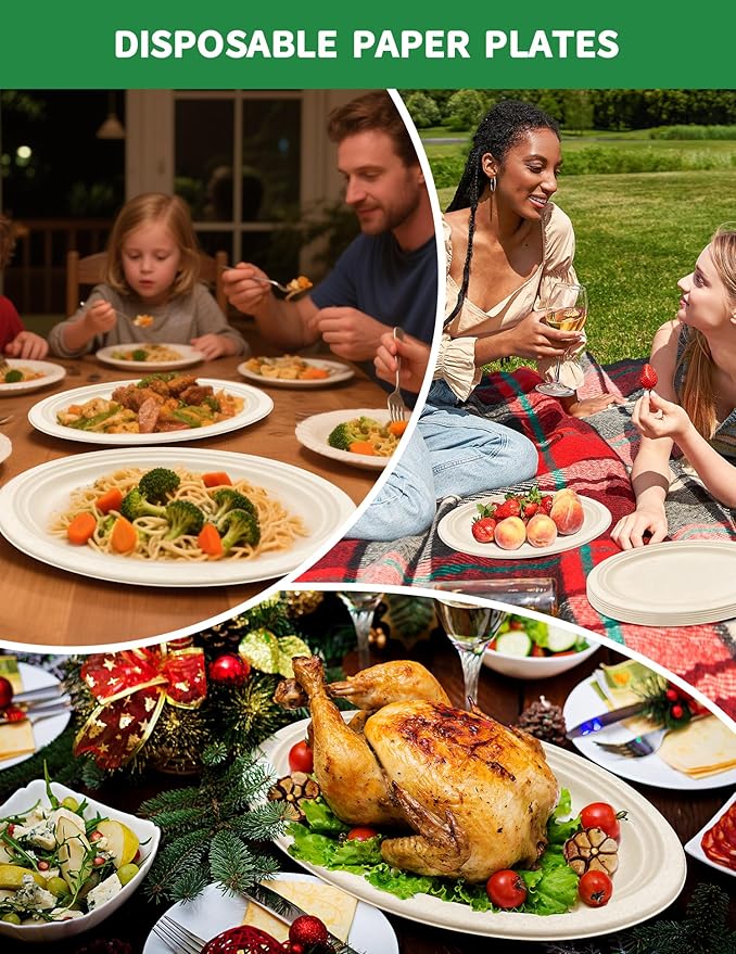 Compostable Biodegradable Disposable Oval Paper Plates, Large 12.5″ [100-Pack] - Heavy Duty Leak-Resistant Disposable Plates for BBQ, Picnic, Party, Birthday, Events, Dinner, Appetizer, Dessert & Cake
