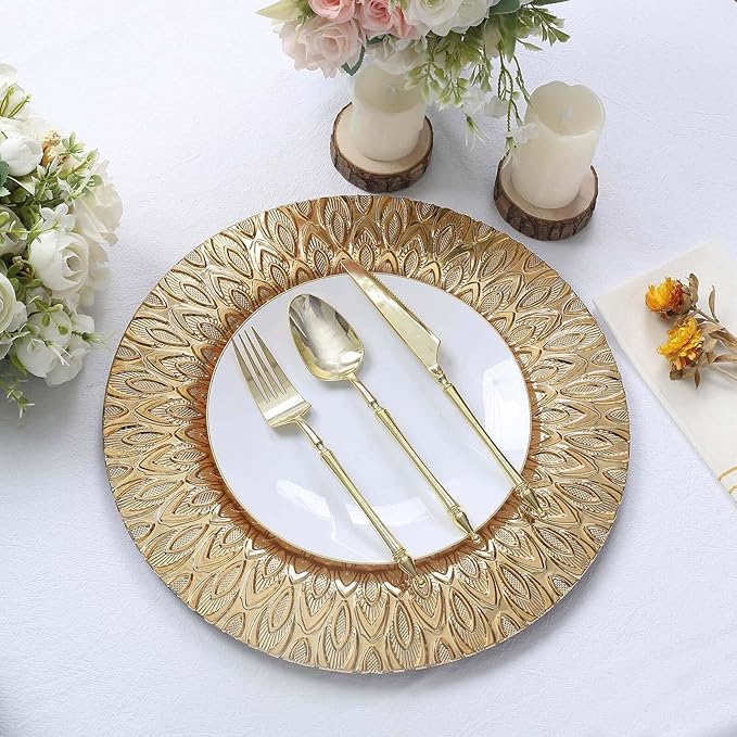 Efavormart 6 Pack | 13" Gold Embossed Peacock Design Plastic Serving Plates, Round Disposable Charger Plates