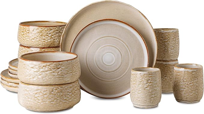 Stone by Mercer Project SHOSAI 16-Piece Stoneware Dinnerware Set, Plates and Bowls Set, Modern Dishware set fo 4, Sand