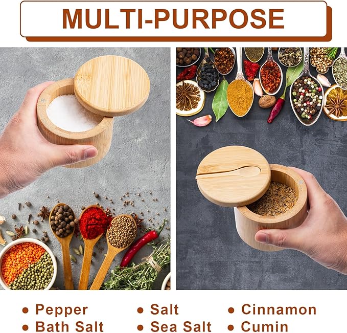 Bamboo Salt Cellar, Salt Box with Magnetic Swivel Lid, Spice Box with Spoon, Round Salt Container for Storing Salt Pepper Sugar Herbs,6 Ounce Capacity