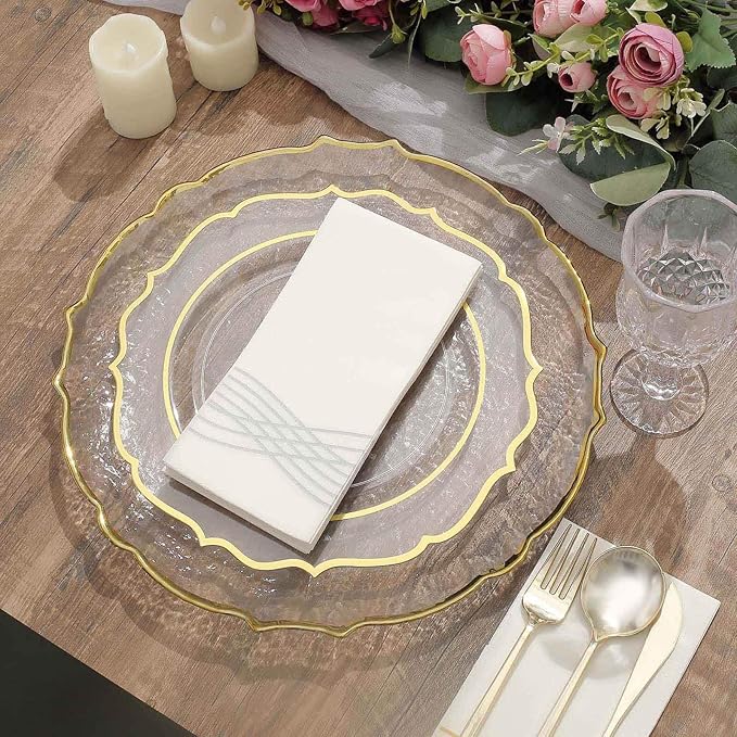 Efavormart 8 Pack | 13" Clear Glass Metallic Gold Scallop Edged Charger Plates For Events Table Decoration for Home & Professional Fine Dining, Catering, Dinner Parties, Weddings
