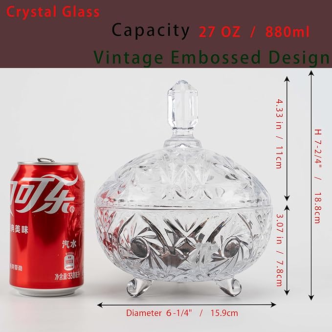 Cystone 27oz Large Glass Candy Dish with Lid, Crystal Candy Bowl, Embossed Decorative Storage Jar for Office Desk, Jewelry Box, Biscuit, Christmas, Wedding, Birthday Gift