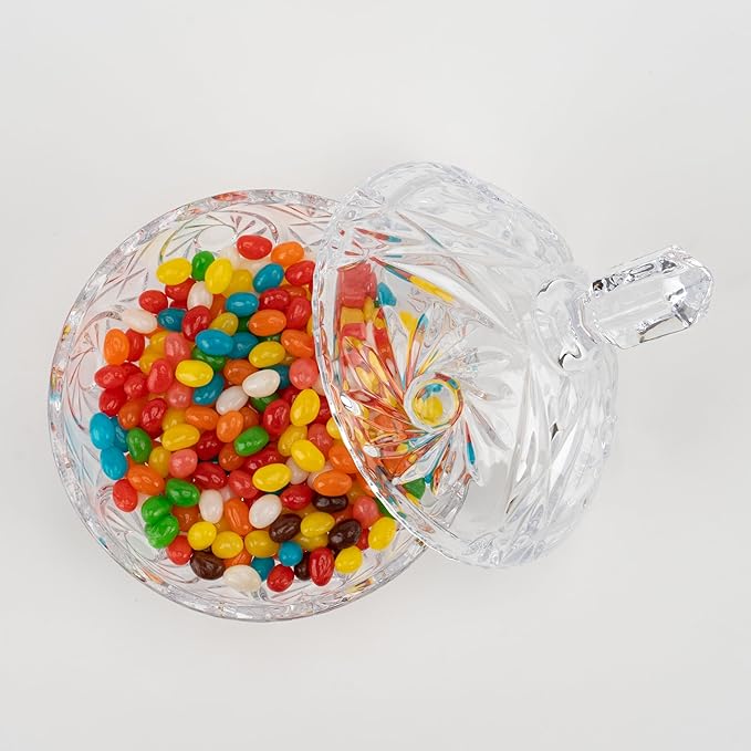 Cystone 27oz Large Glass Candy Dish with Lid, Crystal Candy Bowl, Embossed Decorative Storage Jar for Office Desk, Jewelry Box, Biscuit, Christmas, Wedding, Birthday Gift