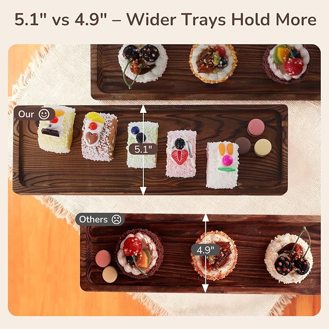 3-Tier Wooden Cupcake & Dessert Display Stand with Swing Frame – Rustic Torch-Finished Pine, Extra Wide 5.1" Trays, Pre-Assembled with Anti-Slip Pads, Party & Wedding Cake Holder