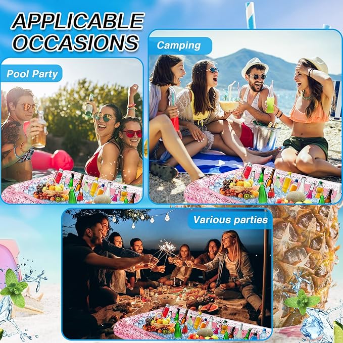 3 Pcs Inflatable Serving Bar Salad Ice Tray Food Drink Candy Buffet Containers Picnic Pool Inflatable Cooler with a Drain Plug and a Hand Pump, 53 x 23.6 x 4.7 Inch(Pink)