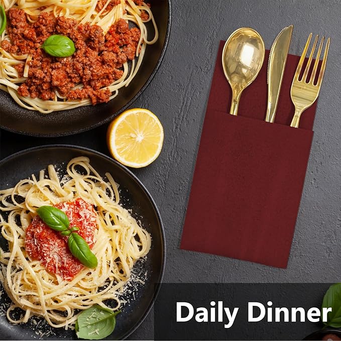 Burgundy Linen Feel Napkins with Flatware Pocket, 50 Pack Cloth Like Pre-Folded Napkins for Silverware, Guest Hand Towel for Dinner Party Wedding Decoration (16. x 15.5 inch)