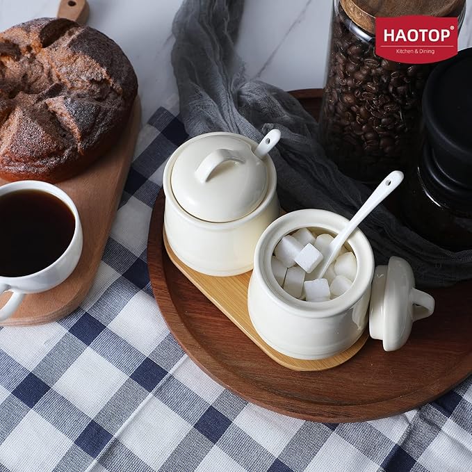 HAOTOP Ceramic Sugar Bowl 2 Pack, PorcelainJar with Tray, Spoon and Lid for Sugar, Pepper, Coffee, Spice, Salt, 12 Ounces (Beige)