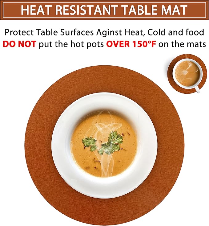 Wipeable Placemats and Coasters Leather Table Mats Waterproof Heat-Resistant Easy to Clean for Dining Table Set Kitchen Table Set of 6, Brown