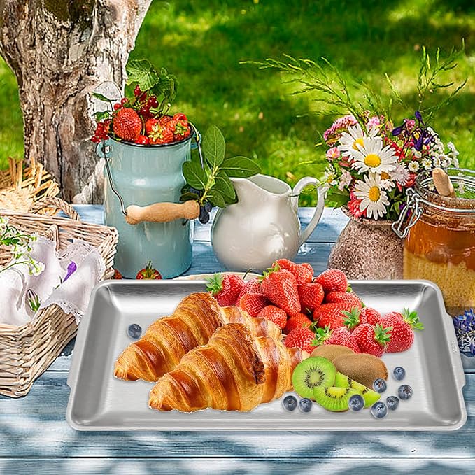 3Pcs 304 Stainless Steel Food Serving Tray, 12.6" Rectangular Serving Platters Multipurpose for Kitchen,Party Organizer Tray for Buffet Brushed Nickel (Silver)