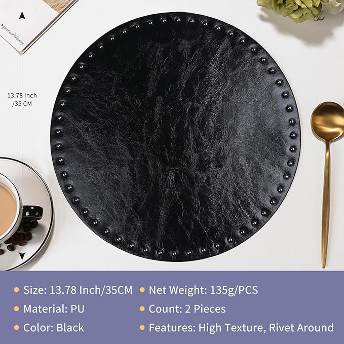 FAVE Black Faux Leather Placemats 13.78Inches Round Placemat Set of 4 Heat Resistant Place Mats with Rivets Placemat for Wedding, Banquet, Birthday, Party, Restaurant (Black)