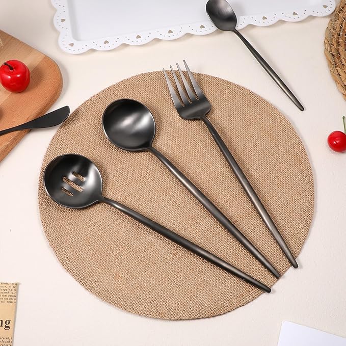5 Pcs Black Stainless Steel Serving Utensils Set 10 Inch Black Serving Flatware Set, Includes Serving Fork, Slotted Spoon, Sugar Spoon, Butter Knife for Buffet, Wedding, Party