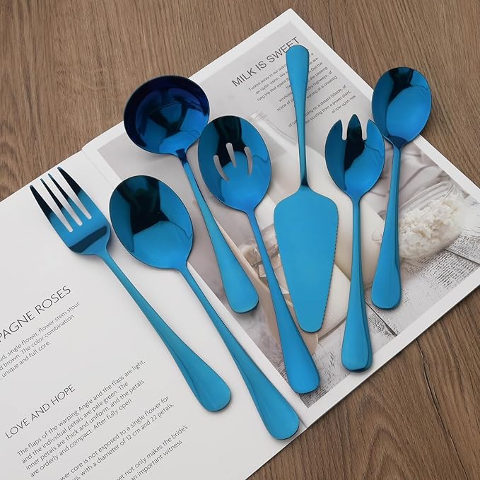 7 Pcs Purple Serving Utensils, Stainless Steel Flatware Serving Set, Include Cake Server/Slotted Spoon/Serving Spoon and Fork/Soup Ladle, Serveware Set for Buffet and Party