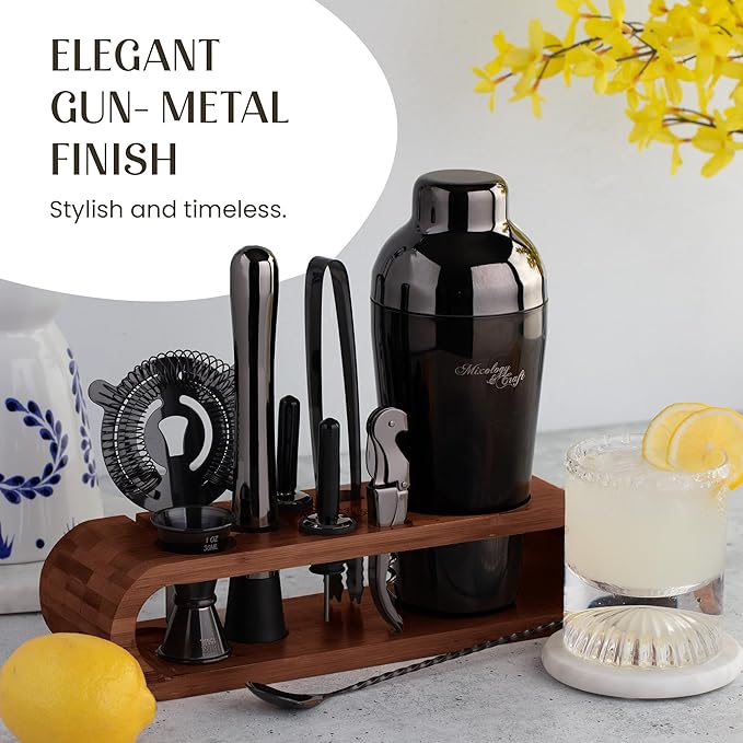 Mixology & Craft Bartender Kit: 10-Piece Cocktail Shaker Set with Dark Bamboo Stand | Complete Cocktail Kit Gift Set | Top Bartender Gifts for Men & Women | Leak-Proof Design (Gun Metal)