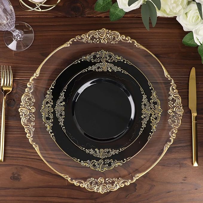 10" Dinner Plates -Set of 30 - Plastic Black Round Baroque Disposable Chargers Leaf Embossed Rim, Ideal for Dinner Party Wedding Bulk Events
