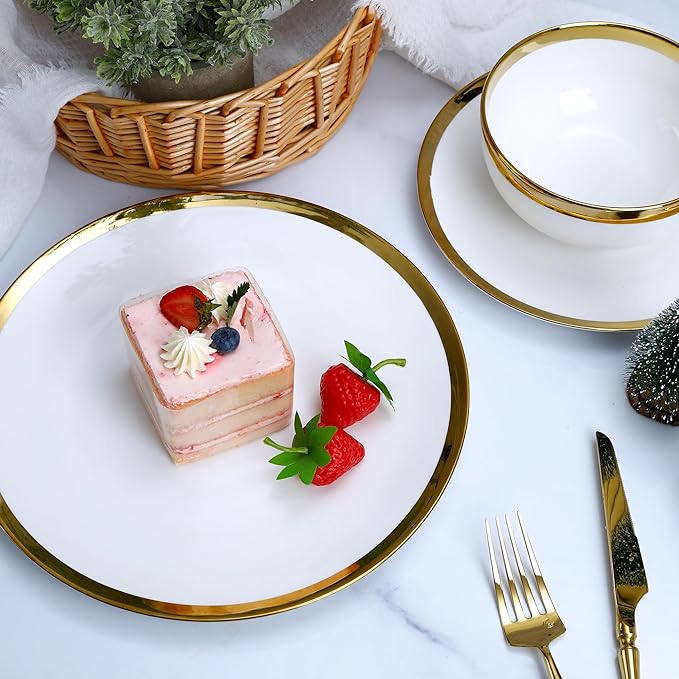 Luxury 12-Piece white Dinnerware Set with Gold Rim for 4,Elegant White bone china Porcelain Plates & Bowls, Microwave and Dishwasher Safe, Chip Resistant Fine Dining Set