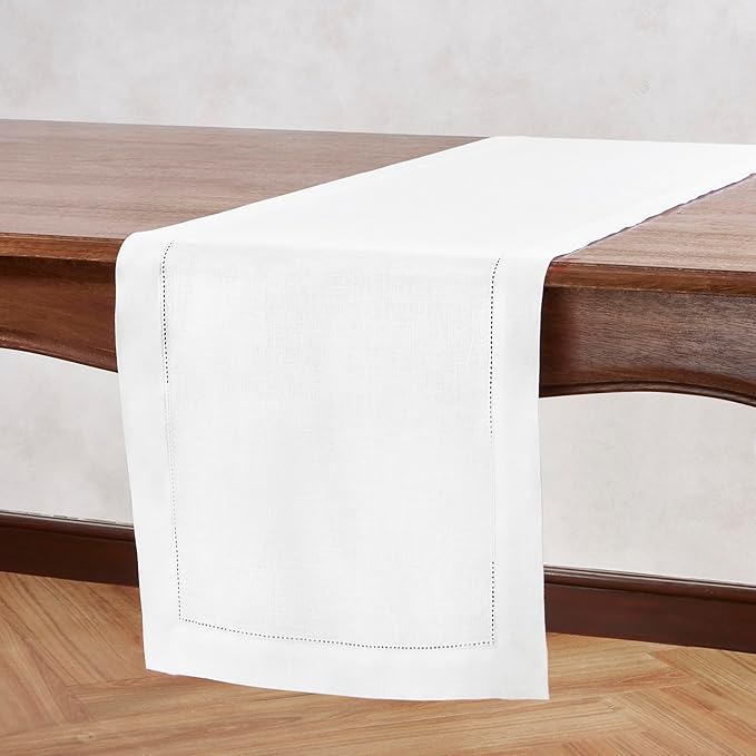 Home Ekaa Linen Table Runner 90 inches Long – Medium Weight Hemstitch 100% Pure Linen Off White Dining Table Runner 14 x 90 Inch for Spring, Summer, Wedding Decorations, Gift – Azure