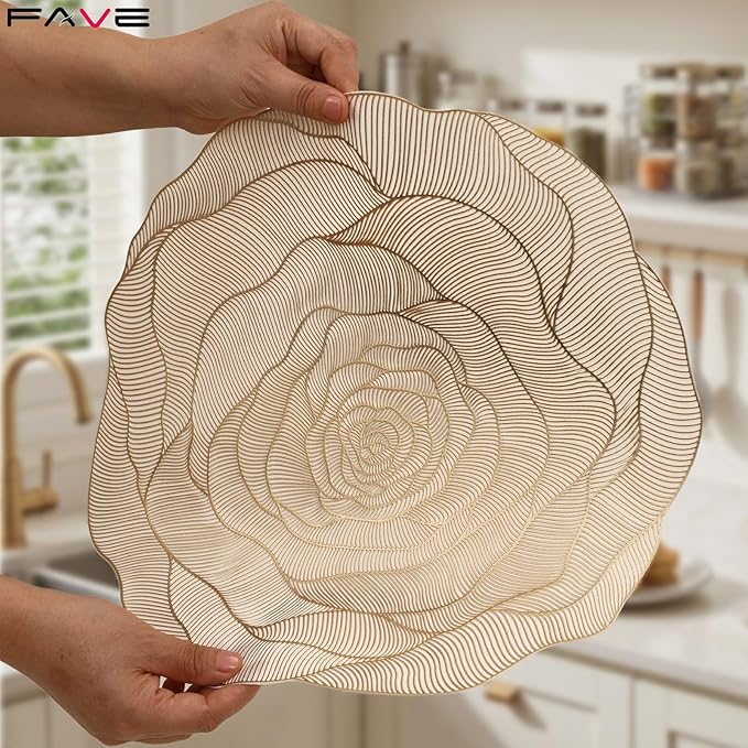 FAVE 6PCS Floral Placemats Golden Placemats Vinyl Placemats Set of 6 for Dining Table Durable Table Mats for Wedding, Banquet, Birthday, Party, Restaurant Decorations（15 x15,Gold Rose）