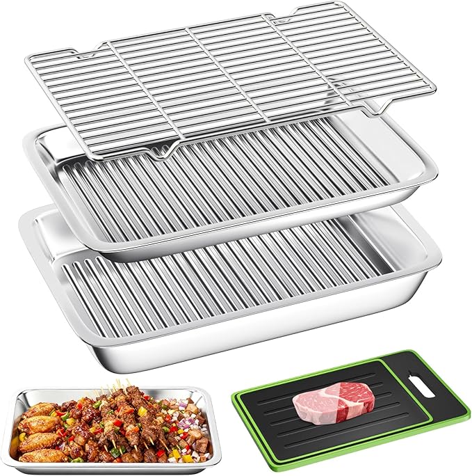 Grilling Prep and Serve Trays, Set of 4 Stackable Stainless Steel BBQ Trays with Cutting Board, Deep Marinating Container, Serving Platter for Plating Food, BBQ Prep Tub for Marinating Meats