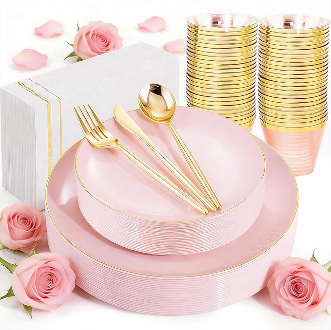 MirthMood 350PCS Pink Plastic Plates with Gold Rim – Plastic Plates Set Includes 50 Dinner,50 Dessert Plate,50 Cup&50 Napkins 150 Gold Silverware for Wedding&Birthday Parties&Valentine's Day