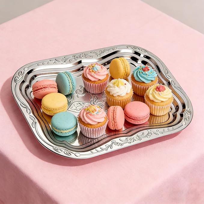 4-Pack Large Silver Serving Trays – 15.8×10.8in Stainless Steel Platter Set with Mirror Surface, Silver Plates for Food Display, Appetizers, Charcuterie, Desserts & Event Table Decor