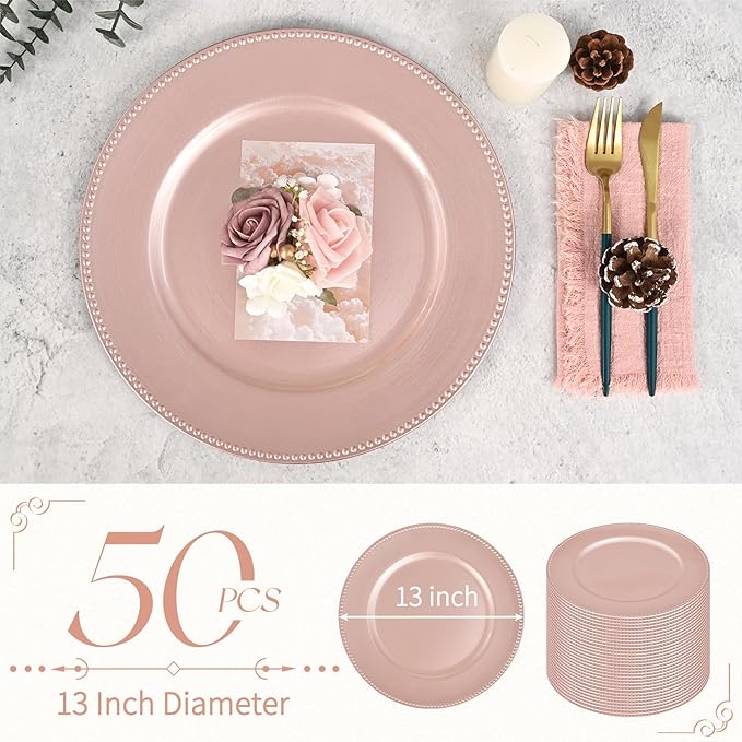 fani 50 Pcs Rose Gold Charger Plates Bulk, 13'' Round Beaded Dinner Charger Plates, Plastic Reusable Vintage Table Decoration for Wedding, Party, Reception, Event, Holiday Supplies