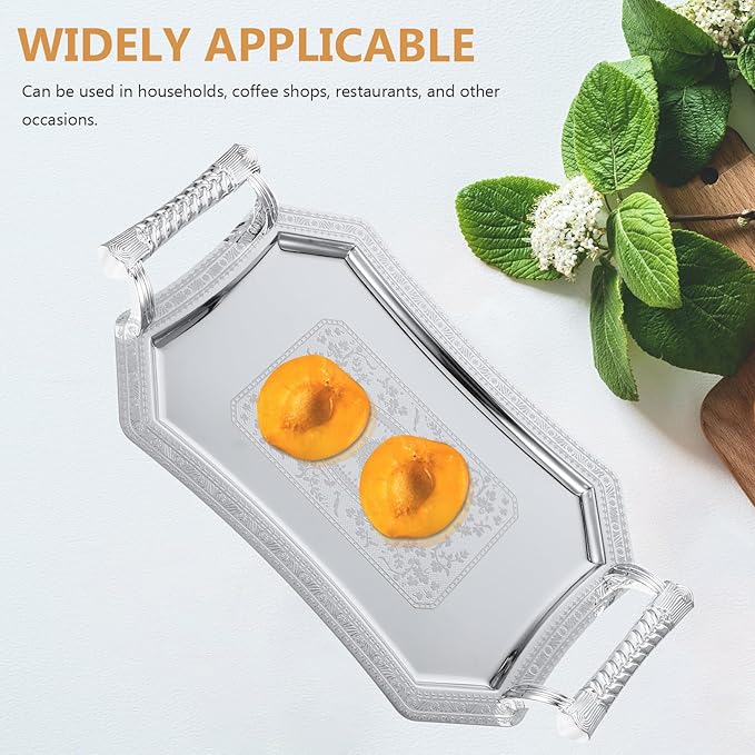 Garneck Silver Stainless Steel Serving Tray, European Style Geometric Metal Dinner Platter 28X20Cm, Fruit and Snack Plate for Entertaining and Dining Table Use