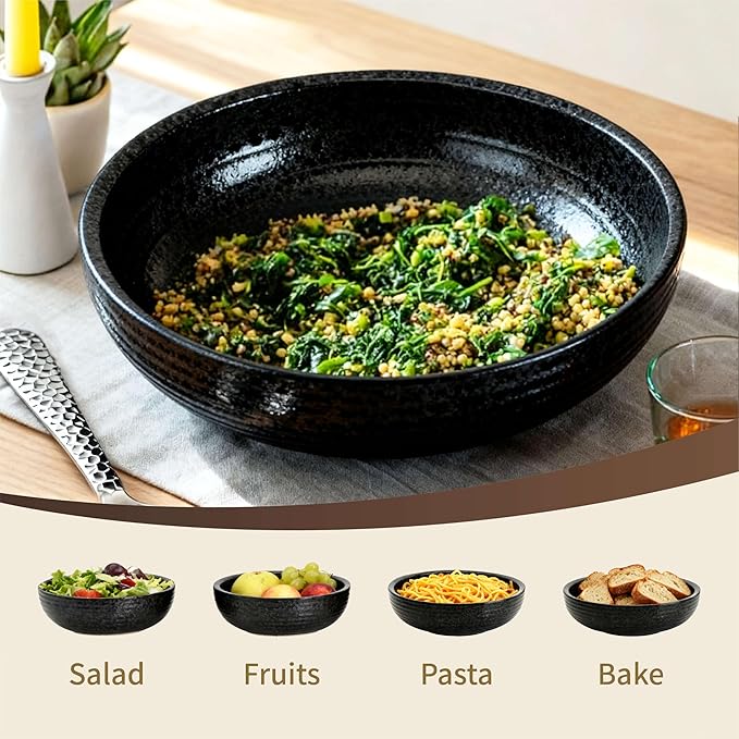 11.5-Inch Large Ceramic Salad Bowl Set – Speckled Stoneware with Stainless Steel Servers, Handcrafted Texture, Dishwasher Safe (Obsidian Black)